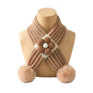 Écharpe tricotée camel pour bébé avec fleur 3D et pompons doux pour l'hiver froid