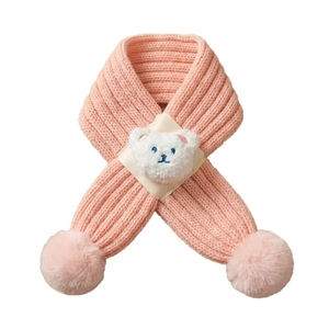 Pink chunky knit baby scarf with plush white bear clasp and cute pom-poms for winter warmth