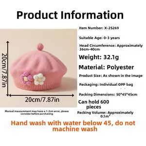 Pink knitted baby beret featuring handmade decorative flowers and soft fabric texture