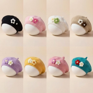 Newborn baby girls knit beret with 3D flower detail in eight assorted colors