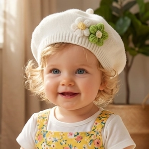 Baby Girl Knit Beret Hat With Crochet Flower Soft Polyester Warm Winter Fall Beanie For Newborn Toddler Infants Accessories