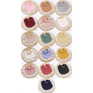 Breathable cotton baby bibs with lace trim in 16 assorted colors and snap button closure