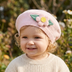 Baby Girls Knitted Beret Hat With 3D Flower Leaf Decor Soft Breathable Infant Beanie For Autumn Winter Daily Outfits