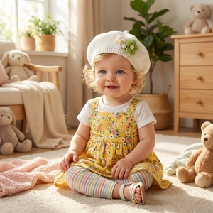 Detail view of baby knitted beret in white featuring side 3D floral accent decoration