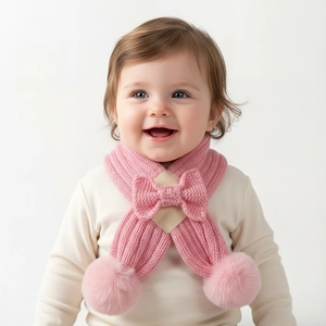 Baby Knitted Scarf Winter Warm Toddler Neck Warmer With Bow And Pom-Poms Ribbed Knit Scarf For Boys Girls Infant Accessories