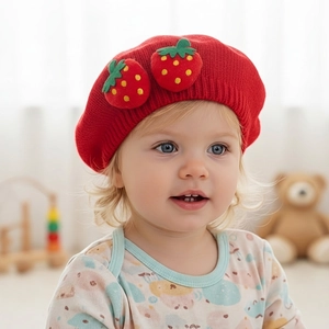 Bébé Fille Fraise Tricoté Béret Chapeau Doux Respirant Rouge Peintre Beanie Casquette Pour Tout-petits Printemps Automne Accessoire