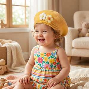 Close-up of baby knitted yellow beret with 3D crochet flowers on toddler model