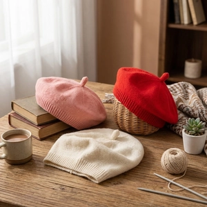 Three minimalist knitted beret hats for babies in pink, red, and beige wool blend