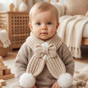 Detail of baby beige knit scarf with a bow and white faux fur pom poms on a warm background