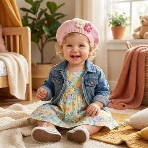 Pink knit beret with floral detail paired with denim jacket and floral dress