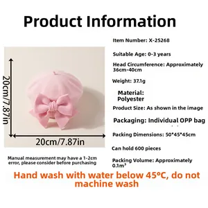 Béret rose pour bébé avec nœud affichant les dimensions de 20cm et le tour de tête de 36-40cm