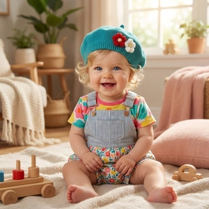 Close-up of baby girl knitted beret with handmade crochet flowers in a cozy nursery