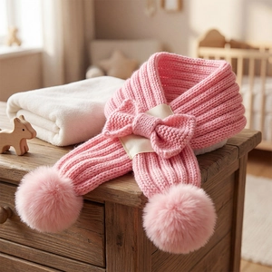 Close-up of pink knit baby scarf featuring a large bow and soft fluffy pom-poms