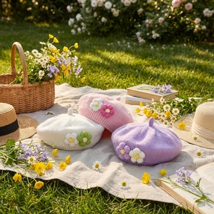 Three-piece set of knitted baby beret hats in white, pink, and purple with crochet flowers