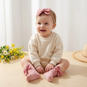 Detail view of pink baby bow headband and matching long socks with non-slip grips