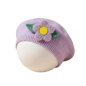 Soft purple knitted baby flower beret hat with 3D floral accent for girls