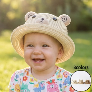 Chapeau De Paille Bébé Avec Oreilles D'ours Protection Solaire Bob Respirant Pour Tout-Petits Été Plage Extérieur Chapeau