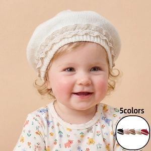 Béret en Tricot à Bordure en Dentelle pour Petites Filles Douce Retro Peintre Chapeau Automne Hiver Chaud Tricoté pour Bébé Accessoire
