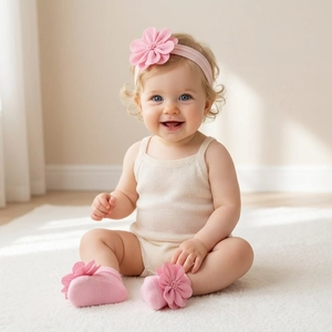 Baby Haarband und Socken Set in Rosa mit weichen Blumen-Details für Neugeborene und Babys