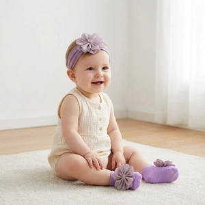 Detailansicht von lila Blumen-Stirnband und Socken bei einem Baby im Baumwoll-Body