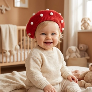 Knitted red baby beret with white polka dots mushroom style for boys and girls