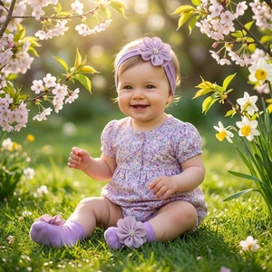 Detailansicht Baby Mädchen Set mit Blumenmuster Romper, Stirnband und Socken in Lila