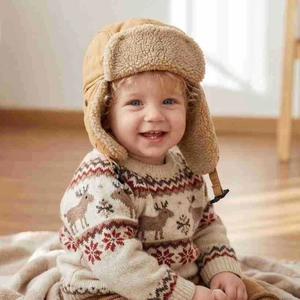 Nahaufnahme der Baby-Fliegermütze mit warmem Kunstfellfutter und weichem Khaki-Stoff