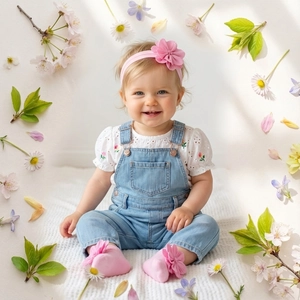 Detail von Baby Blumen Stirnband und passendem Socken Set mit rosa Blüten Verzierungen