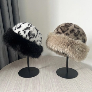 Warm leopard print faux fur winter hats for children with thick plush trim for cold weather