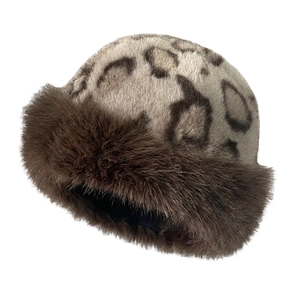 Winter faux fur leopard print plush hat for children with warm brown fluffy trim