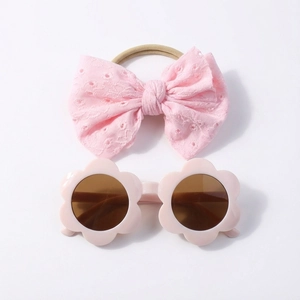 Ensemble bandeau à nœud en dentelle rose et lunettes de soleil fleurs pour bébé