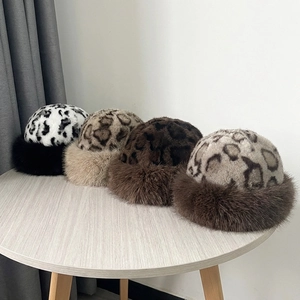 Kids leopard print faux fur plush winter hats in four assorted color styles