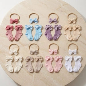 Baby Headband and Socks Set Cotton Bowknot Ribbed Knit Non-slip Socks for Newborn Infant Toddler Girls Accessories Set
