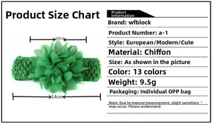 Guide des tailles du bandeau bébé en mousseline montrant 10cm fleur et 14cm largeur