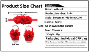 Size chart showing red chiffon flower headband and matching foot flowers for infants
