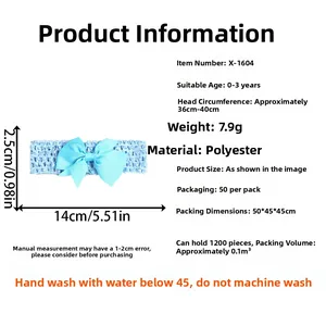 Detailed size specifications for the light blue crochet baby headband with a solid bow
