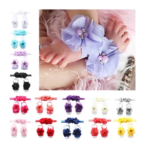Baby chiffon flower headband and foot flower set with pearls and rhinestones in 14 colors