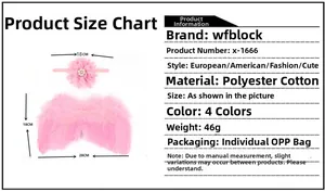 Detailed size guide for baby angel wings set with pink feather and floral headband