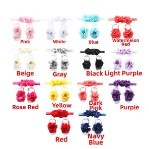 Multiple sets of chiffon flower baby headbands and matching barefoot sandals in 14 colors