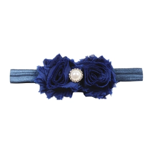 Bandeau bébé en fleurs de mousseline bleu foncé avec perle et strass brillants