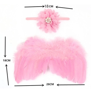 Detailed dimensions of pink infant photo set with feather wings and floral headband