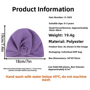 Tableau des tailles détaillé pour turban bébé violet en tissu polyester doux
