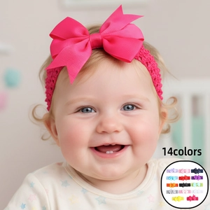 Baby Girls Solid Color Bow Headband Elastic Knitted Crochet Hair Band Grosgrain Ribbon Bow Soft Photography Props Infant Accessories