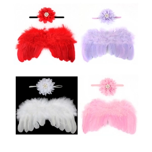 Infant angel wing set with chiffon flower headband and rhinestones for newborn photography