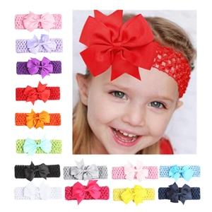 Elastic baby crochet headbands with large ribbon bows in multiple vibrant colors