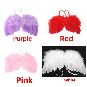 Detail view of angel feather wings in purple, red, pink, and white for infant photography