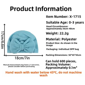 Detailed size chart for blue baby bow turban hat showing dimensions 18cm x 17cm