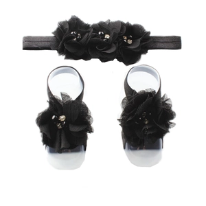 Detailed set of black chiffon rhinestone flower headband and matching baby barefoot sandals