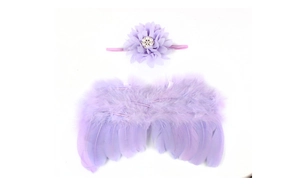 Detailed set of purple chiffon flower headband and feathered wings for newborn photography