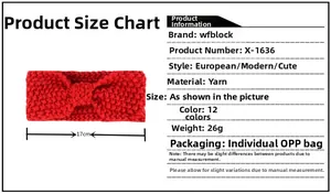 Detail view of red knitted baby headband showing 17cm length and chunky bow texture